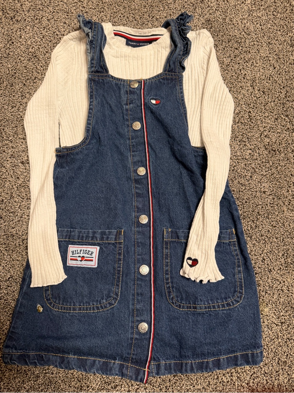 Tommy Hilfiger Girls 6X Blue Denim Overall Dress Set Long Sleeve EUC
